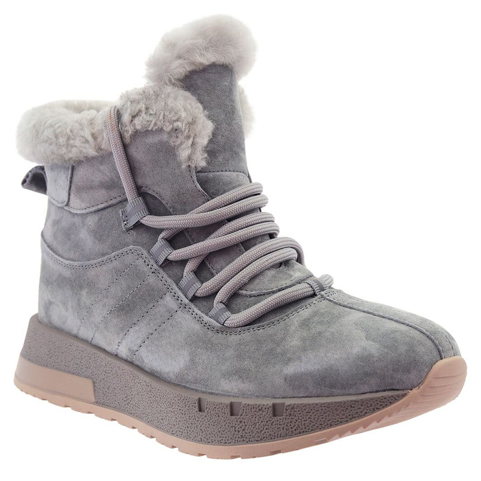 Šedé semišové kožené kozačky, podšité kožíškem, šněrovací na zip