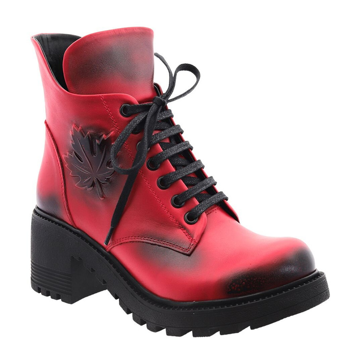 Červené kožené kotníkové boty s ozdobným listem na kvádru, na šněrování
