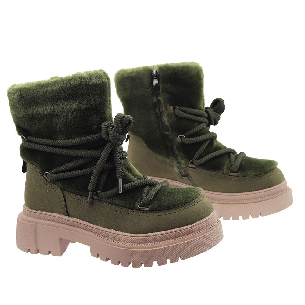 Zelené kožené kotníkové boty na platformě, šněrovací na zip