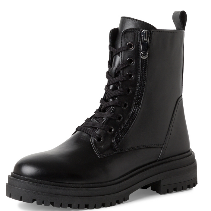 Černé kožené kotníkové boty se tkaničkami a zipem na platformě