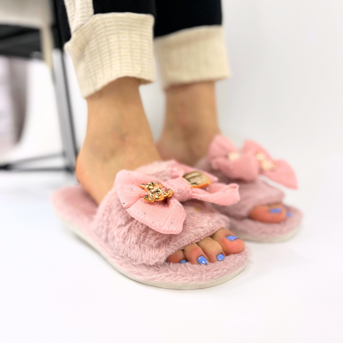 Kožešinové slip-on slip-on pantofle s mašlí v růžové barvě