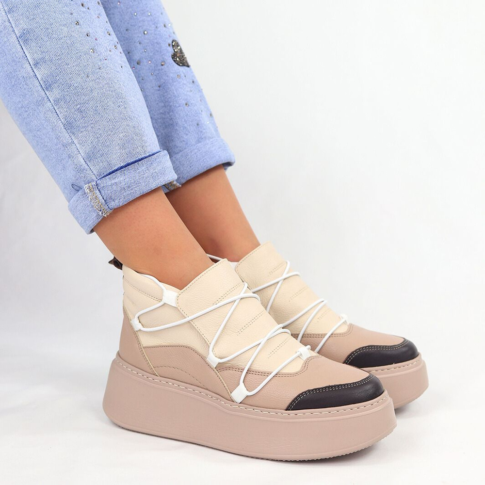 Hnědé a béžové vysoké kožené tenisky Nobo na silné platformě