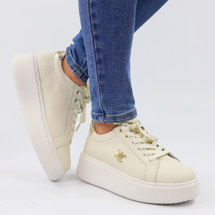 Béžové kožené tenisky se zlatými vsadkami na platformě Potocki