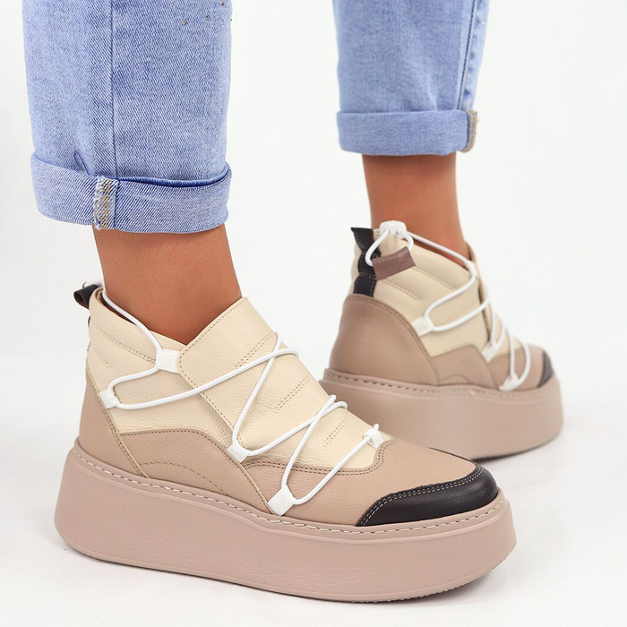 Hnědé a béžové vysoké kožené tenisky Nobo na silné platformě