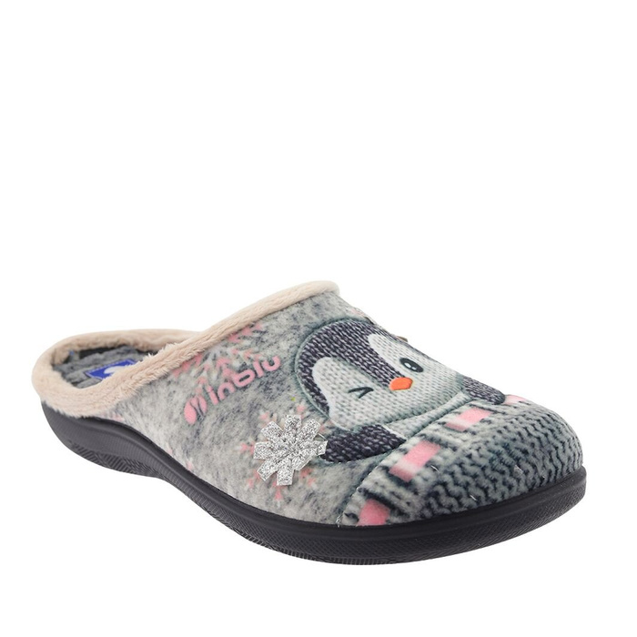 Dámské šedé nazouvací pantofle s tučňákem