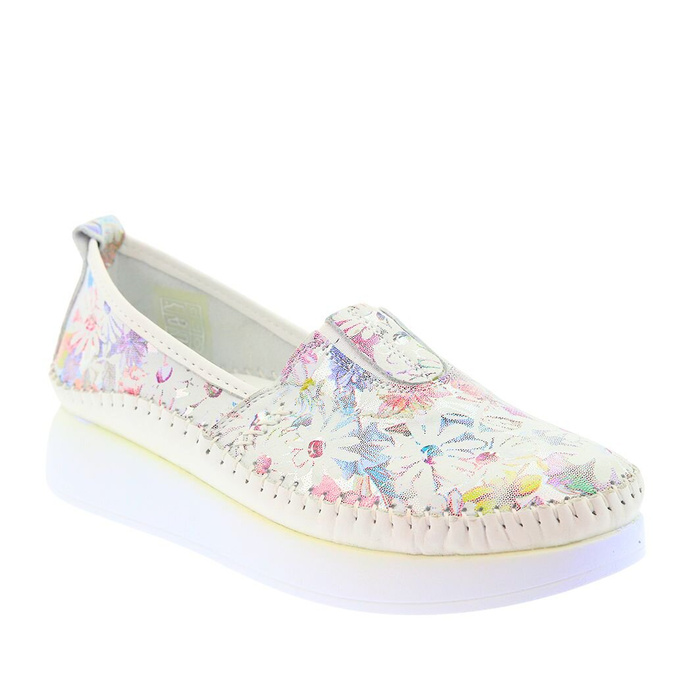 Dámské bílé kožené mokasíny s květinovým motivem