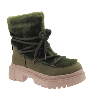 Zelené kožené kotníkové boty na platformě, šněrovací na zip