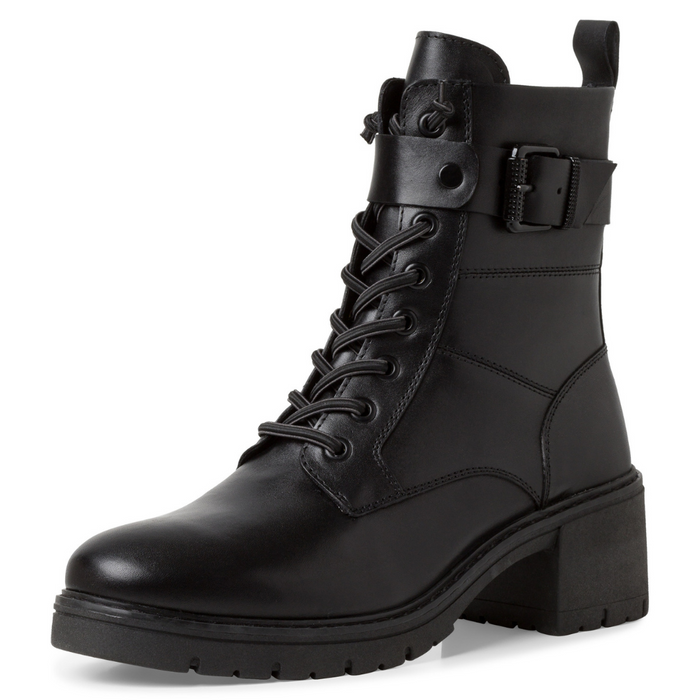 Módní černé kožené kotníkové boty se tkaničkami a přezkou Marco Tozzi