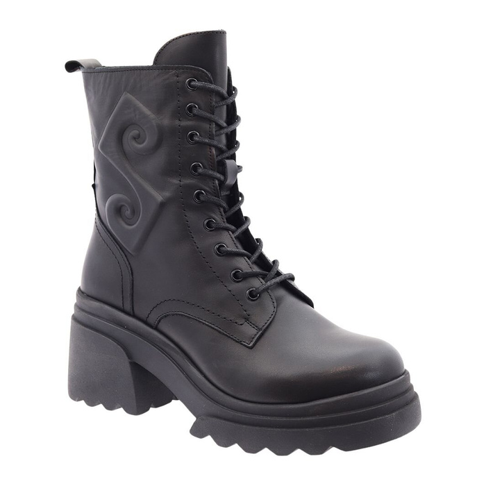 Černé kožené kozačky se vzorem, šněrováním a zipem