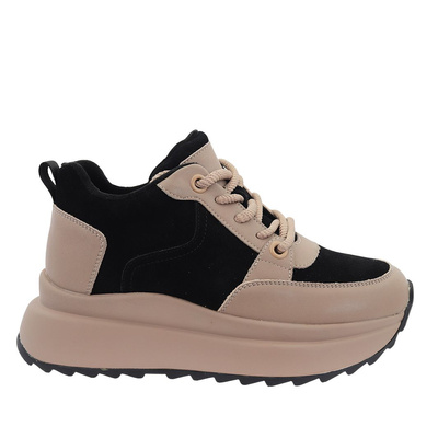 Módní béžové a černé kožené boty se zvýšenou podrážkou