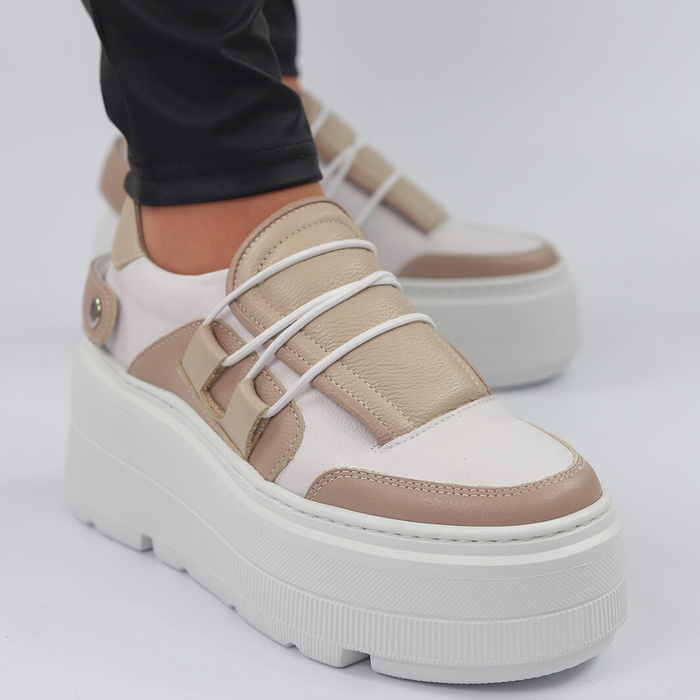 Béžové kožené tenisky s gumičkou a silnou platformou Nobo