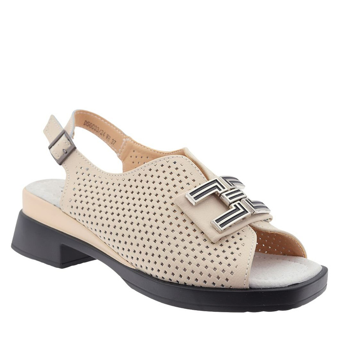 Béžové kožené prolamované sandály na vysokém podpatku značky T. Sokolski