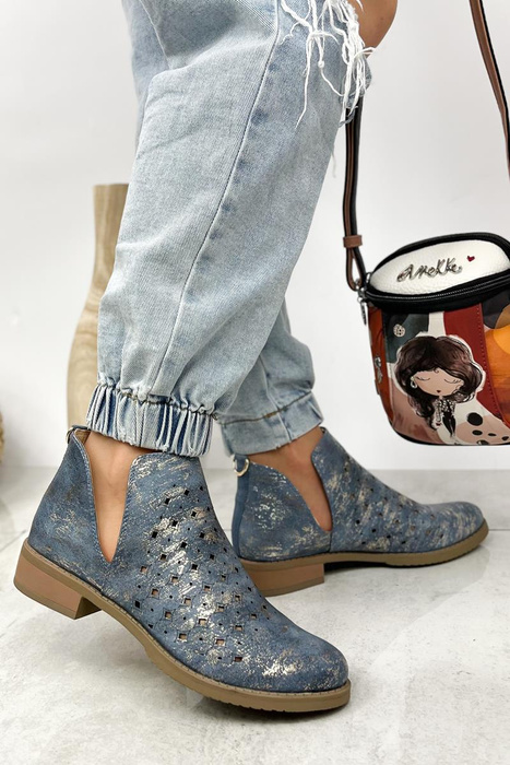 Modro zlaté nazouvací kotníkové boty na plochém podpatku