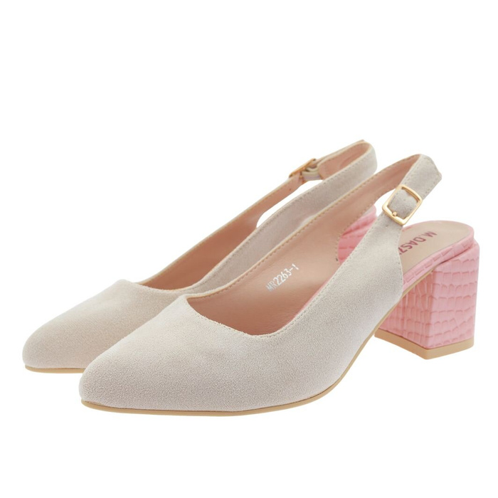 Béžové semišové lodičky s otevřeným podpatkem na kvádru