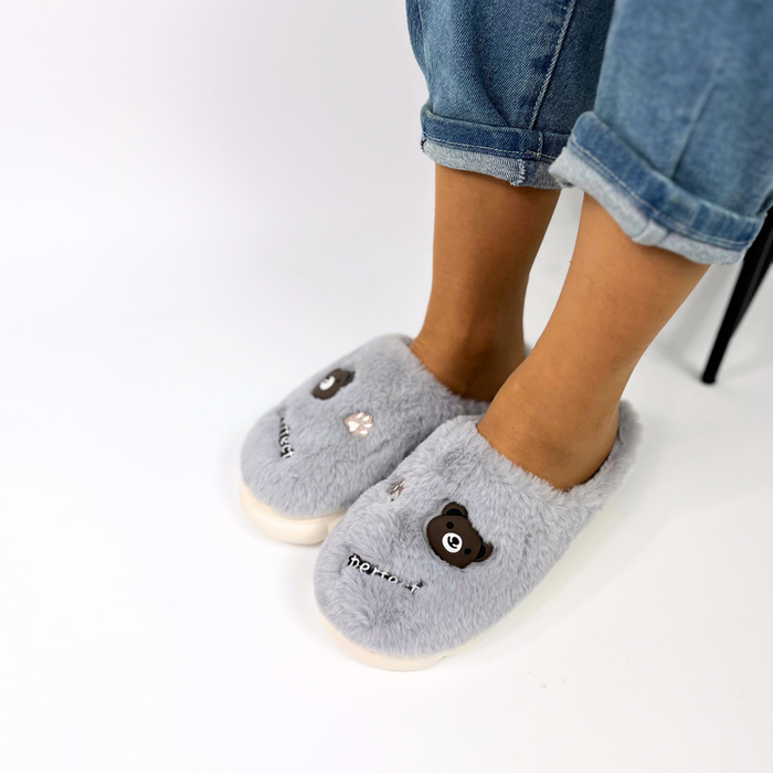 Šedé dámské kožešinové pantofle na platformě