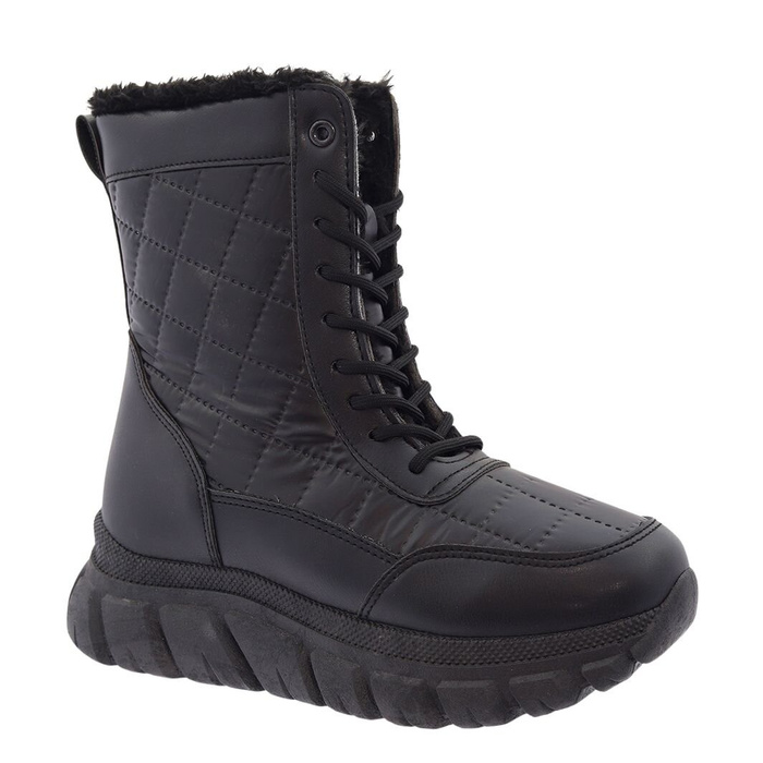 Černé, zateplené, prošívané sněhule na platformě