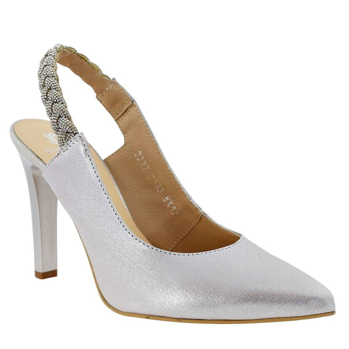 Stříbrné dámské lodičky na vysokém podpatku s otevřeným podpatkem Kordel