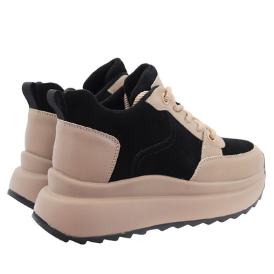 Módní béžové a černé kožené boty se zvýšenou podrážkou