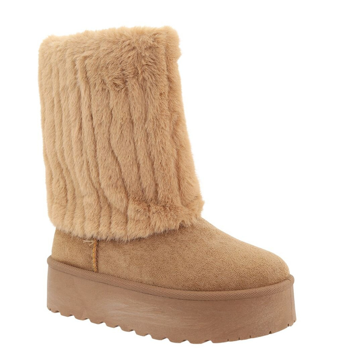 Béžové sněhule s kožíškem, nazouvací platforma