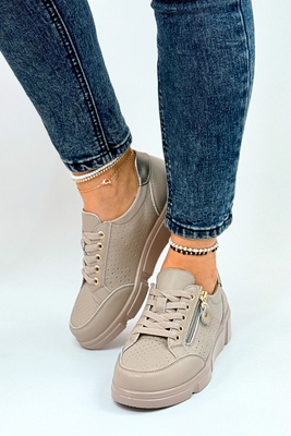 Děrované kožené boty na taupe platformě