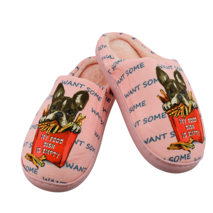 Světle růžové dámské pantofle s francouzským buldočkem