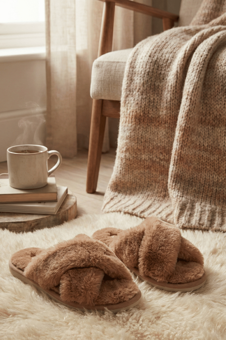 Hřejivé dámské kožešinové pantofle crossfitu v velbloudí barvě