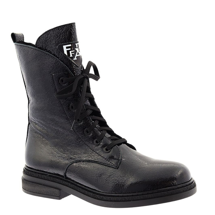 Dámské černé lakované kotníkové boty s vysokými tkaničkami