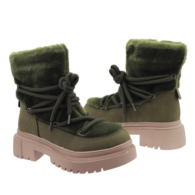 Zelené kožené kotníkové boty na platformě, šněrovací na zip