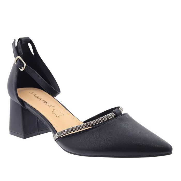 Černé dámské lodičky na bloku zdobené zirkony