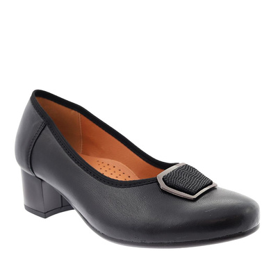 Černé kožené lodičky na bloku s ozdobou