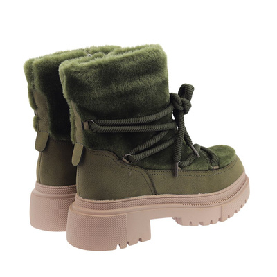 Zelené kožené kotníkové boty na platformě, šněrovací na zip