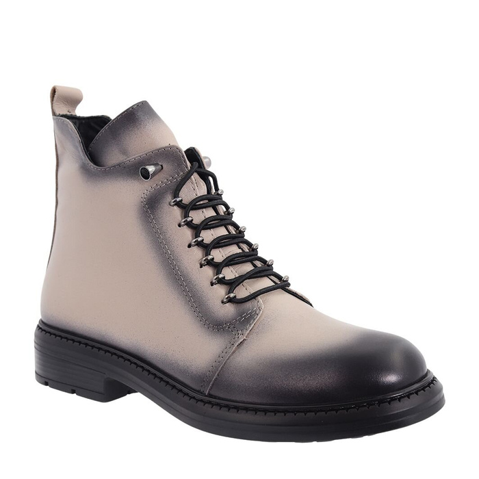 Šedé kožené kotníkové boty, ploché, na šněrování