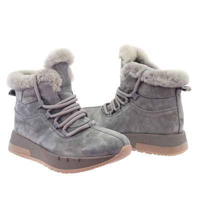 Šedé semišové kožené kozačky, podšité kožíškem, šněrovací na zip