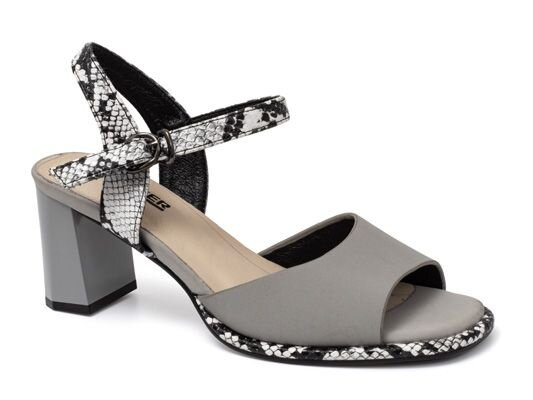 Šedé kožené sandály na vysokém podpatku s motivem hadí kůže