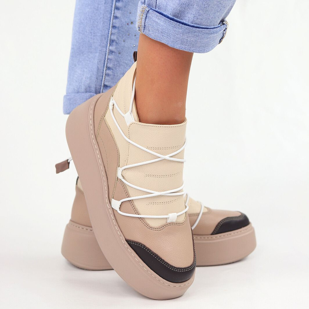 Hnědé a béžové vysoké kožené tenisky Nobo na silné platformě