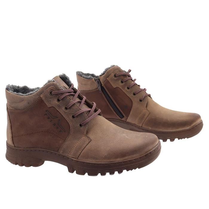 Pánské hnědé kožené zimní boty na tkaničky a zip