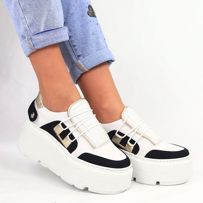 Černobílé kožené tenisky s gumičkou a silnou platformou Nobo