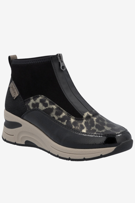 Hnědočerné kotníkové boty na klínku s předním zipem, Rieker