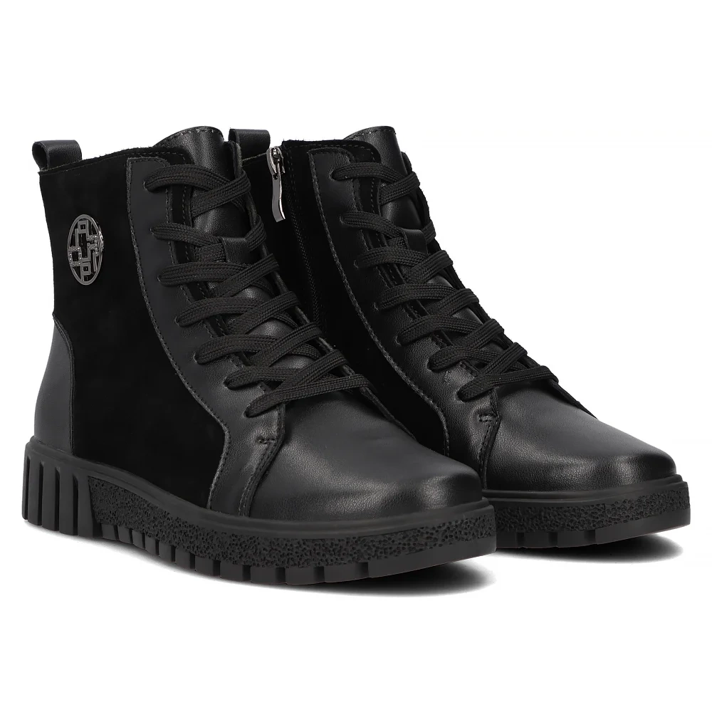 Kožené a semišové černé šněrovací kotníkové boty na platformě Filippo